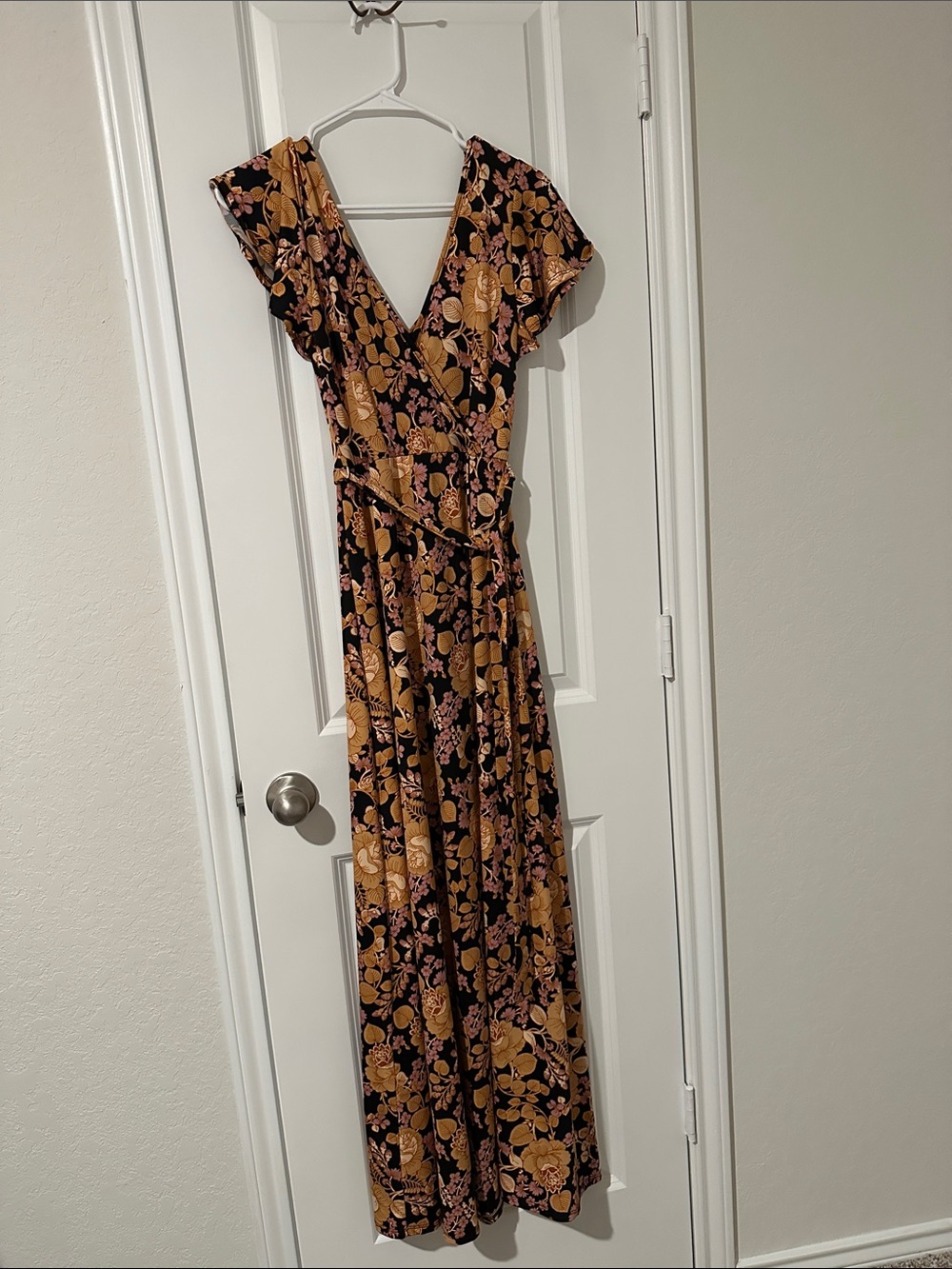Floral Wrap Maxi Dress in Black and Mustard